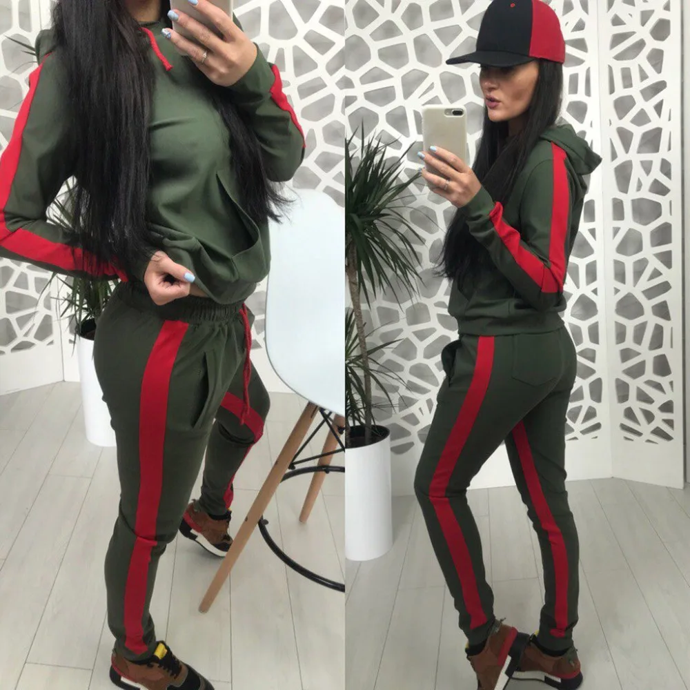 

Fashion Women Casual Zipper Long Sleeve Pullover Sport Tops+Long Pants two piece set conjuntos de mujer red yellow