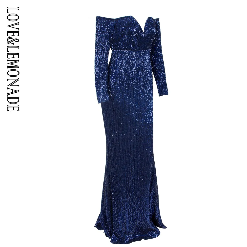 Любовь и лимонад. Темно-синее длинное платье с глубоким v-образным вырезом и длинными рукавами, эластичный материал с пайетками LM1069