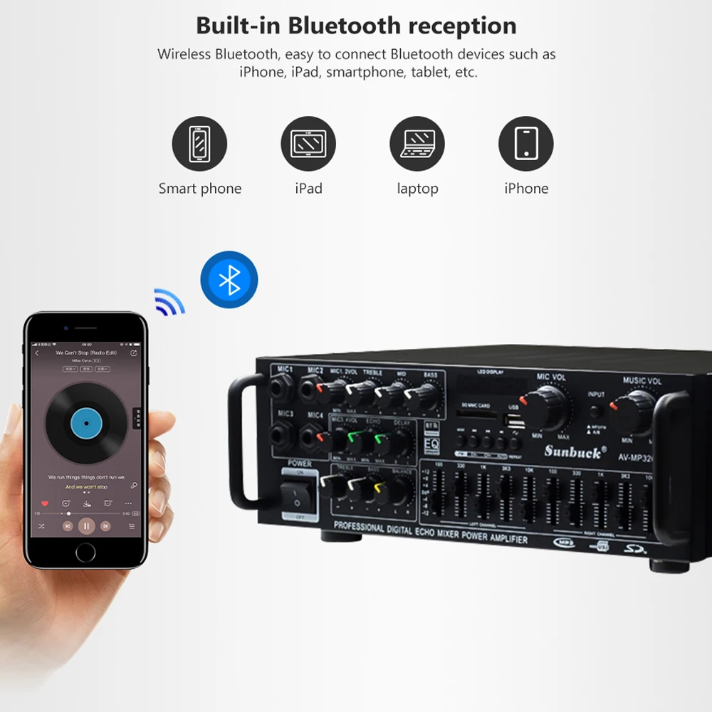 Amplificador Bluetooth аудио усилитель звука HiFi мощность домашние усилители 220 В эквалайзер сценический караоке Четыре микрофона автомобильный усилитель