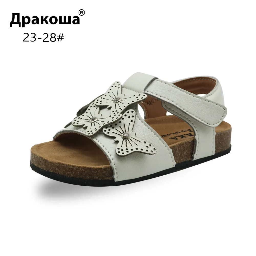 Apakowa/пробковые сандалии с открытым носком для девочек детские летние повседневные пляжные ботинки из мягкой кожи с бабочкой для малышей, Европейский Размер 23-28, новинка