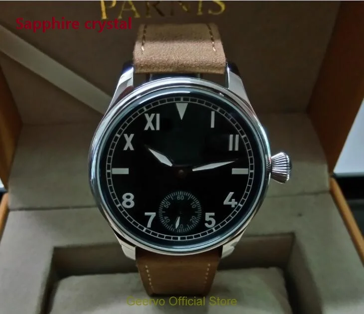 

Sapphire crystal 44mm GEERVO black dial Asian 6497 17 jewels Mechanical Hand Wind movement men's watch green luminous 042A