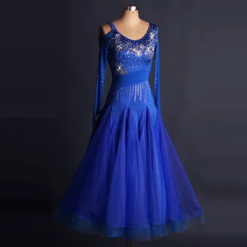ladies waltz Tango standard flamenco ballroom dance competition dresses customized skirts blue long sleeves girls kids children
