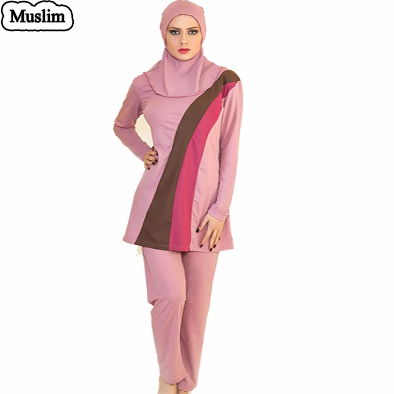 Мусульманские купальники, полный охват, исламские купальные костюмы с капюшоном для женщин, купальные костюмы с высоким воротом, Арабская пляжная одежда, мусульманский хиджаб, большие размеры - Цвет: Розовый
