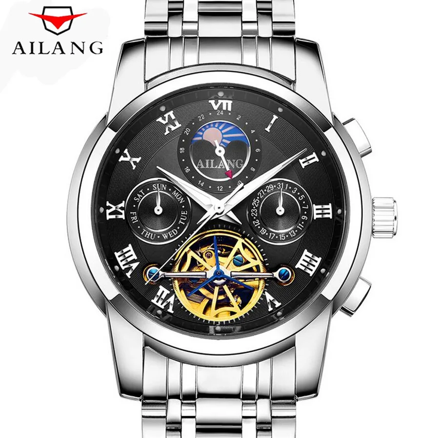 

AILANG Moon Phase Top Brand Mens Mechanical Watches Automatic Tourbillon Skeleton Watch Men Calendar Relogio Masculino dropship