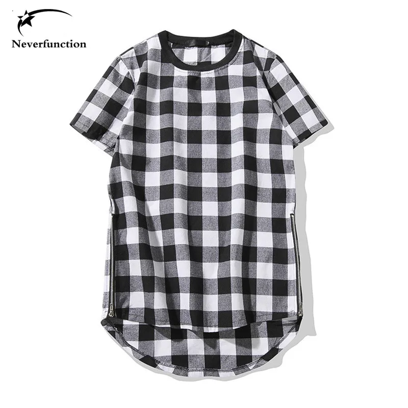 

2018 New Hip Hop T-shirt Fashion Brand Black & Red Plaid T Shirts Men Summer Short Sleeve Arc hem extended Oversize Design