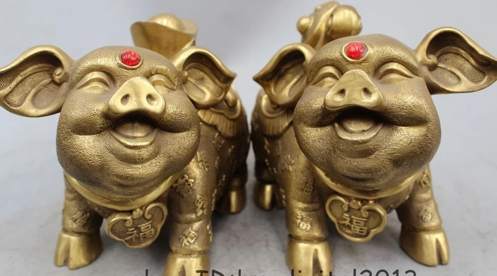 7" Chinese Brass FengShui Animal YuanBao RuYi Coin Happy Fu Pig Statue