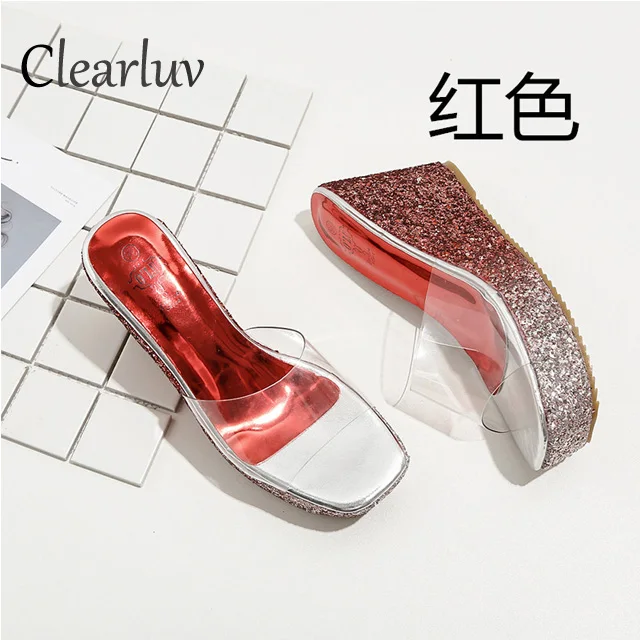 

2019 hot new transparent wedge heels 9cm gradient thick-soled sequins sandals banquet wedding dress slippers Large size 35-40