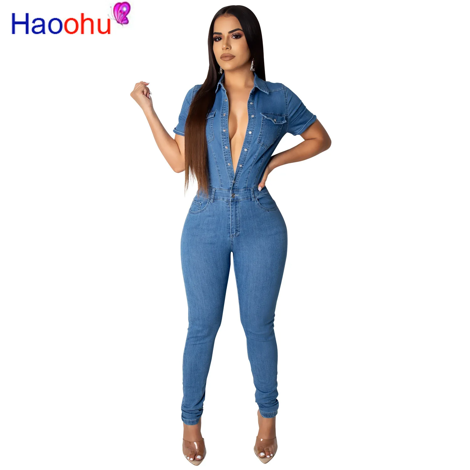 

Butttons Up Casual Denim Jumpsuits For Women Turn Down Collar Short Sleeve Skinny Romper Streetwear Club Party One Piece Overall