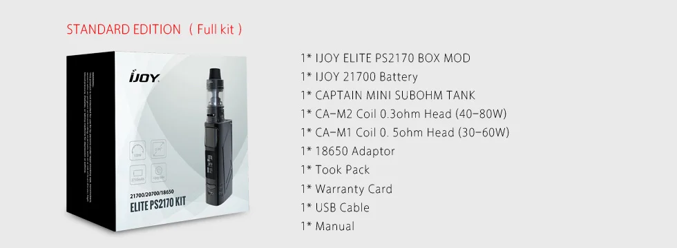 Original IJOY Elite PS2170 Kit 100W E Cigarette Box MOD Elite PS2170 Vape and 3.2ml Tank with CAM1 Coil and 21700 Battery 010