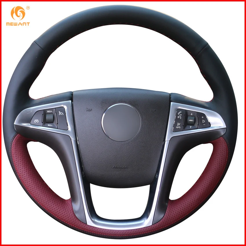 MEWANT Black Wine Red Leather Car Steering Wheel Cover for Buick