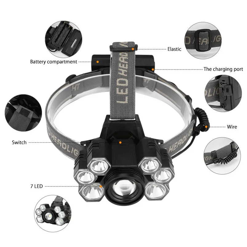 XML T6 LED Headlamp Rechargeable 6 LED Head Light Flashlight Torch Lamp 5 Modes Led Headlight Button Switch Zaklamp 35FY2102