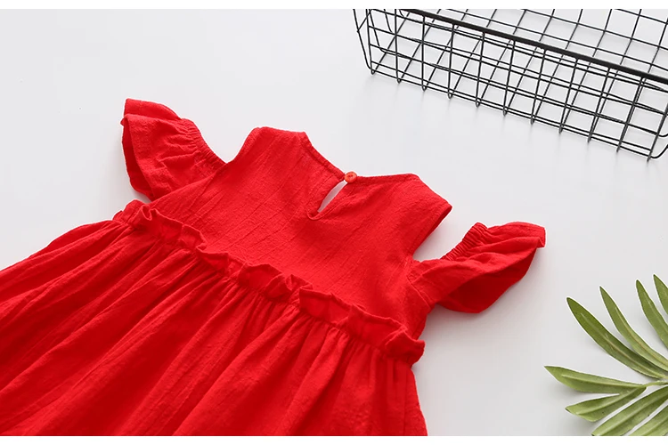 2018 Summer 2-10 Years Children Cotton Solid Red Color Wrap Off Shoulder Little Sexy Girl Strapless Wedding Dress For Girl Kids (4)