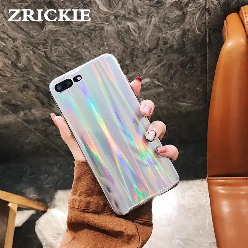 

ZRICKIE Shiny Iridescent Holographic Laser Cases for iPhone X 6 6S 7 8 Plus Brushed Pattern Thin Shell Girls Cover Fundas Coque