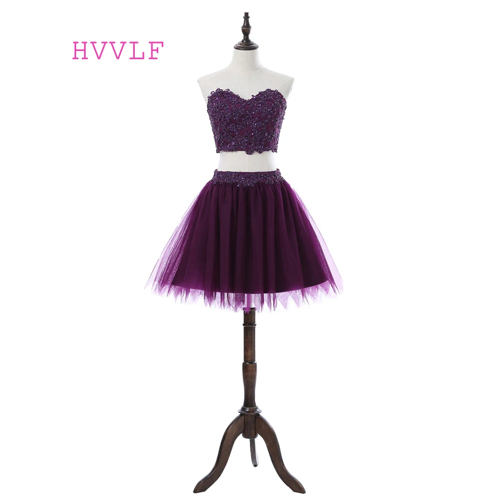 

Purple 2019 Homecoming Dresses A-line Sweetheart Short Mini Tulle Lace Beaded Two Pieces Elegant Cocktail Dresses