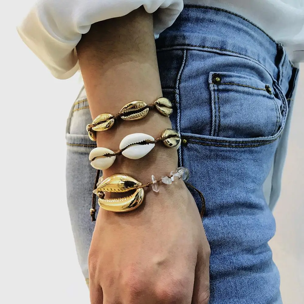 

SHIXIN Charm Bracelet for Women/Girl Boho Summer Sea Shell Bracelet Femme 2019 Fashion Adjustable Rope Gold Bracelet Set Jewelry