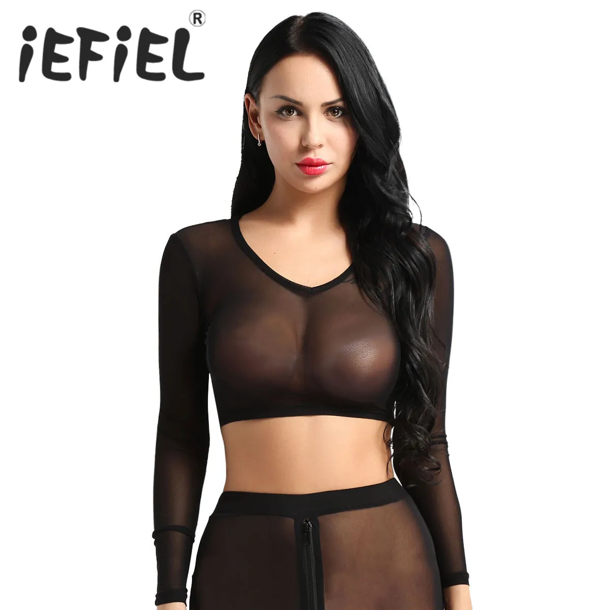 

Sexy Women Female Soft Mesh See Through Sheer V-neck Crop Tops Short T-shirt Cover Up for Club Party Nightwear Crop Top