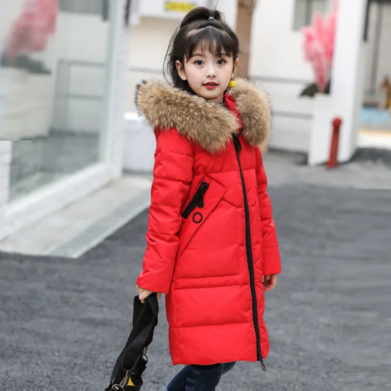 

Girls Winter Jacket 90% White Duck Down Natural Fur Collar Kids Hooded Thicken Warm Parkas Coats For Girl 6 8 10 12 14 Y Dwq351