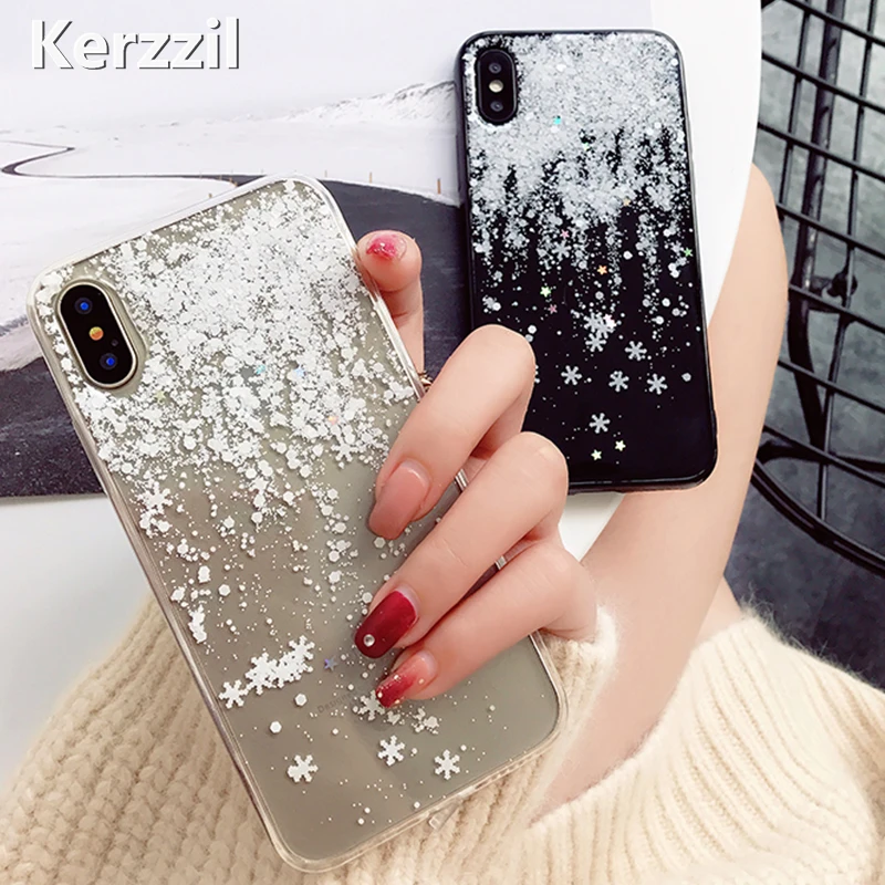Модный зимний прозрачный чехол Kerzzil со снежинками для iPhone X 8 7 6 Plus блестящий