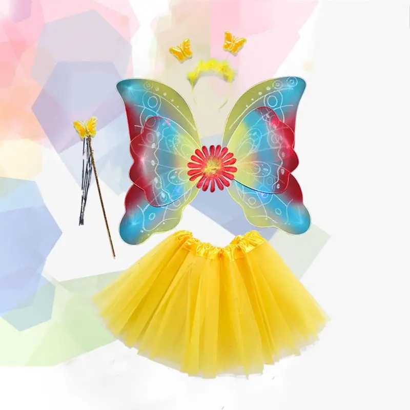 Светодиодный костюм феи для девочек из 4 предметов; фатиновая юбка-пачка; двухслойная повязка на голову с крыльями бабочки; платье принцессы для сцены