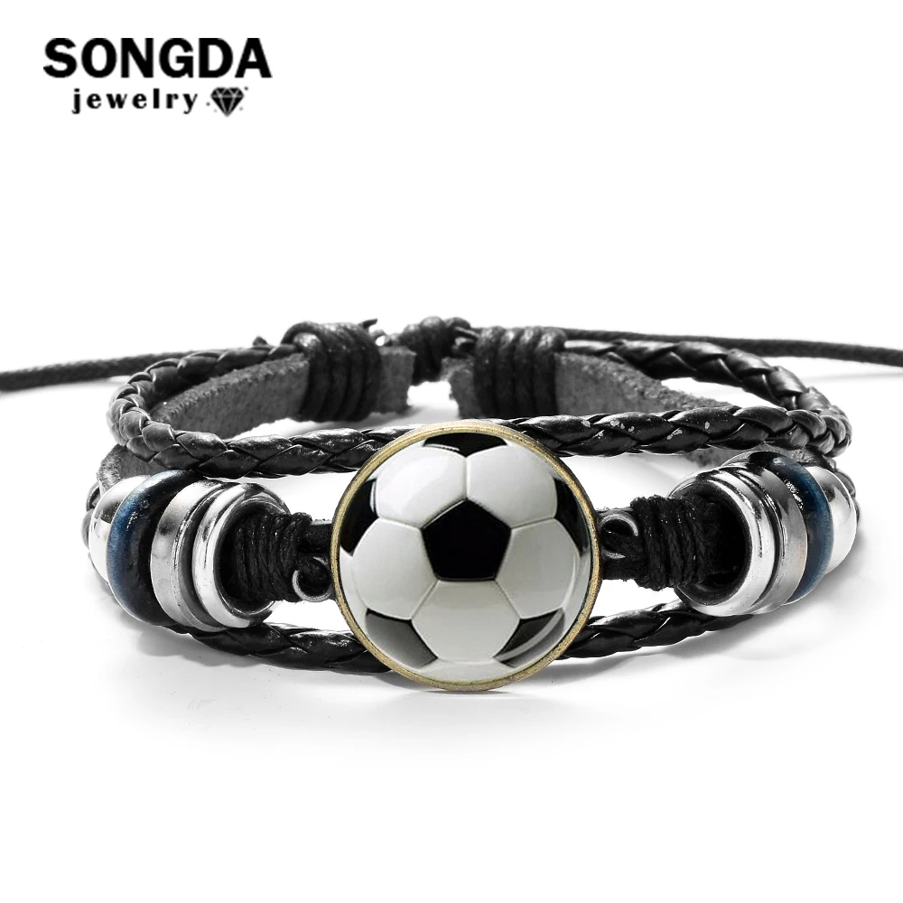 SONGDA Спортивный Футбольный Кожаный браслет стеклянный кабошон с фото черный