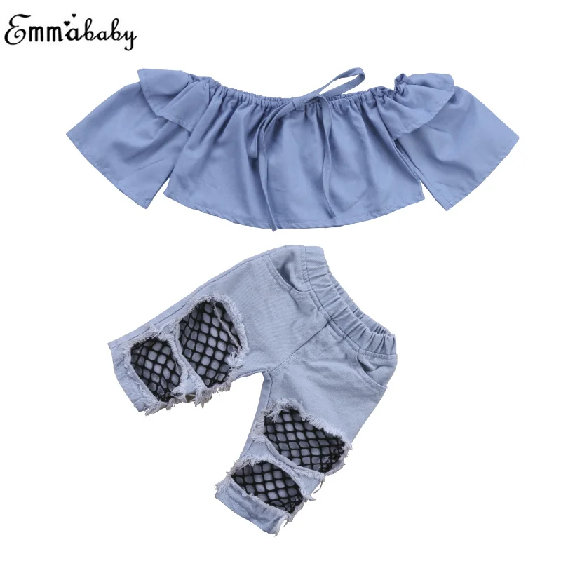 Hole Denim Shorts Outfits Clothing Set 6M-4T Toddler Baby Girls Off Shoulder Bow Leopard Print Tops