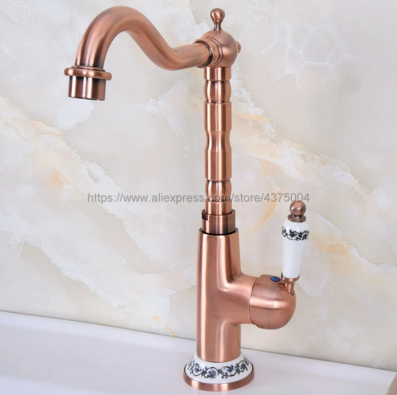 Bathroom Antique Red Copper Basin Faucet Single Handle Bathroom Sink Faucet Cold and Hot Mixer Water Nnf625