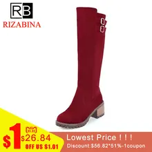 

RizaBina 4 Colors Women High Heel Boots Metal Buckle Knee Boots Warm Fur Shoes For Cold Winter Boots Women Footwear Size 34-43