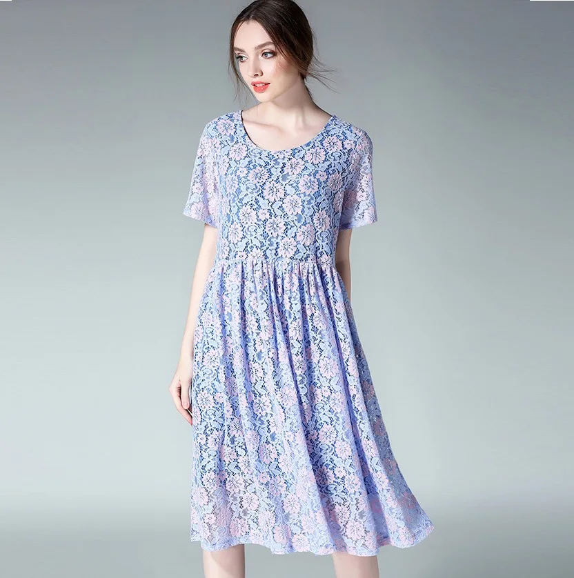 2017Summer Women elegant colorful lace dress empire pinch waist