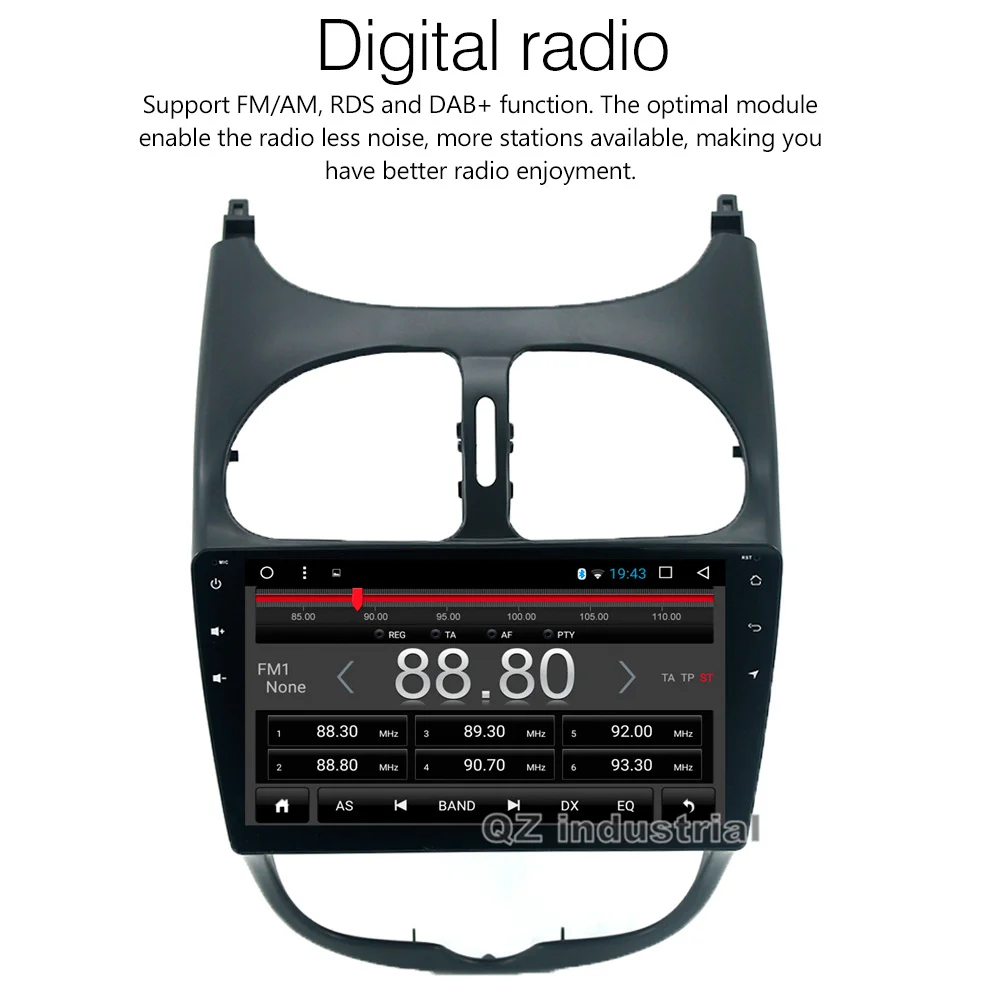 Perfect QZ industrial HD 9" Android 8.1 T3 Car DVD for Peugeot 206 2000-2009 With Canbus box 3G 4G WIFI GPS Radio BT Navigation RDS Map 2