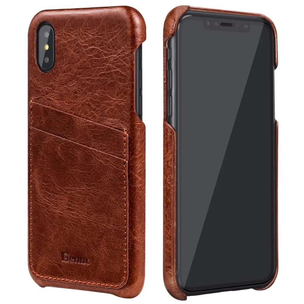 For iPhone X Case Genuine Leather Vintage Black Cover With 2 Card Slots