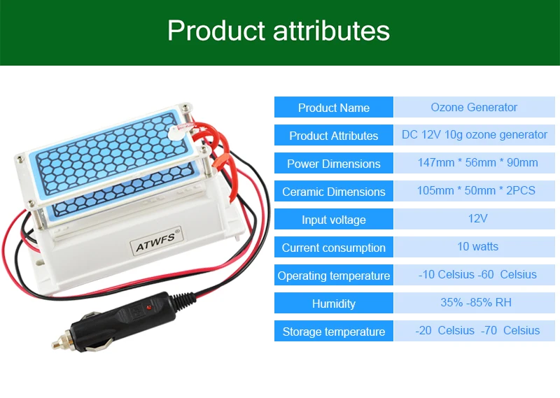 ATWFS новейший DC 12 В 10 г автомобильный озоновый генератор, очиститель воздуха, озонатор, очистка, озоновая керамическая пластина, воздушный стерилизатор