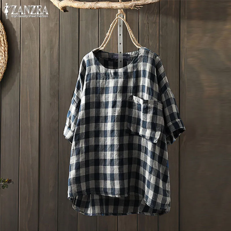 

Vintage Check Shirts Women's Summer Blouse 2019 ZANZEA Casual 3/4 Sleeve Work Blusas Female O Neck Plaid Tunic Plus Size Tops