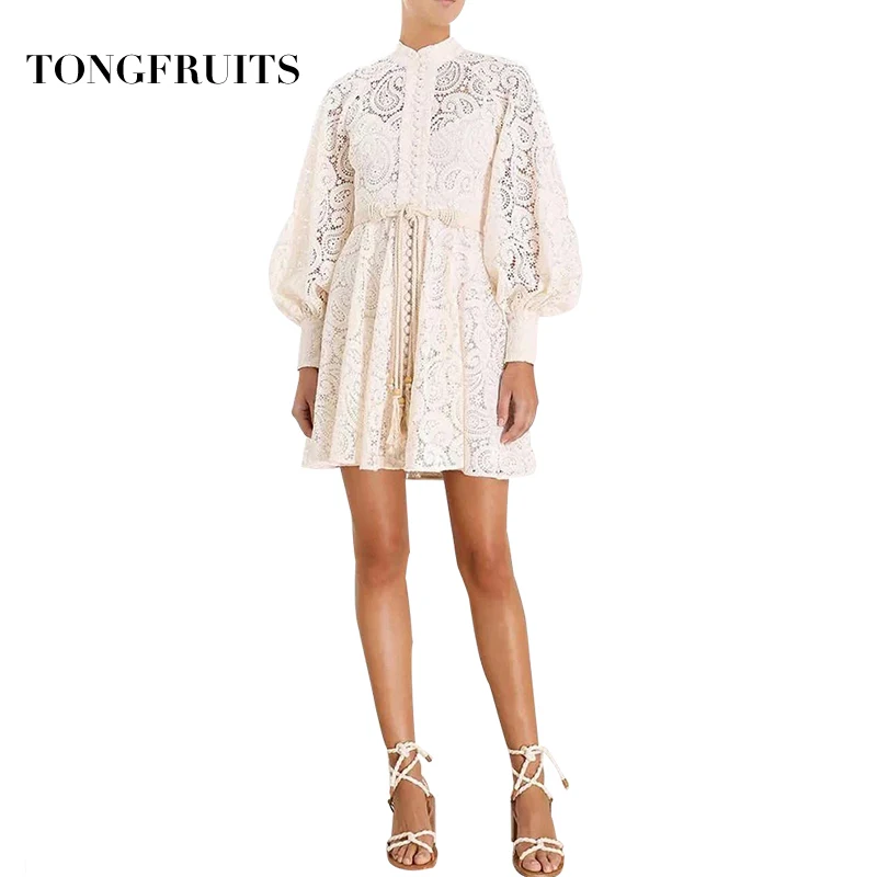 

Women Dress Hollow Out Lace Dress 2019 Lantern Sleeve Ladies Dresses Vestidos Female Clothing Hook Flower Dresses For Women
