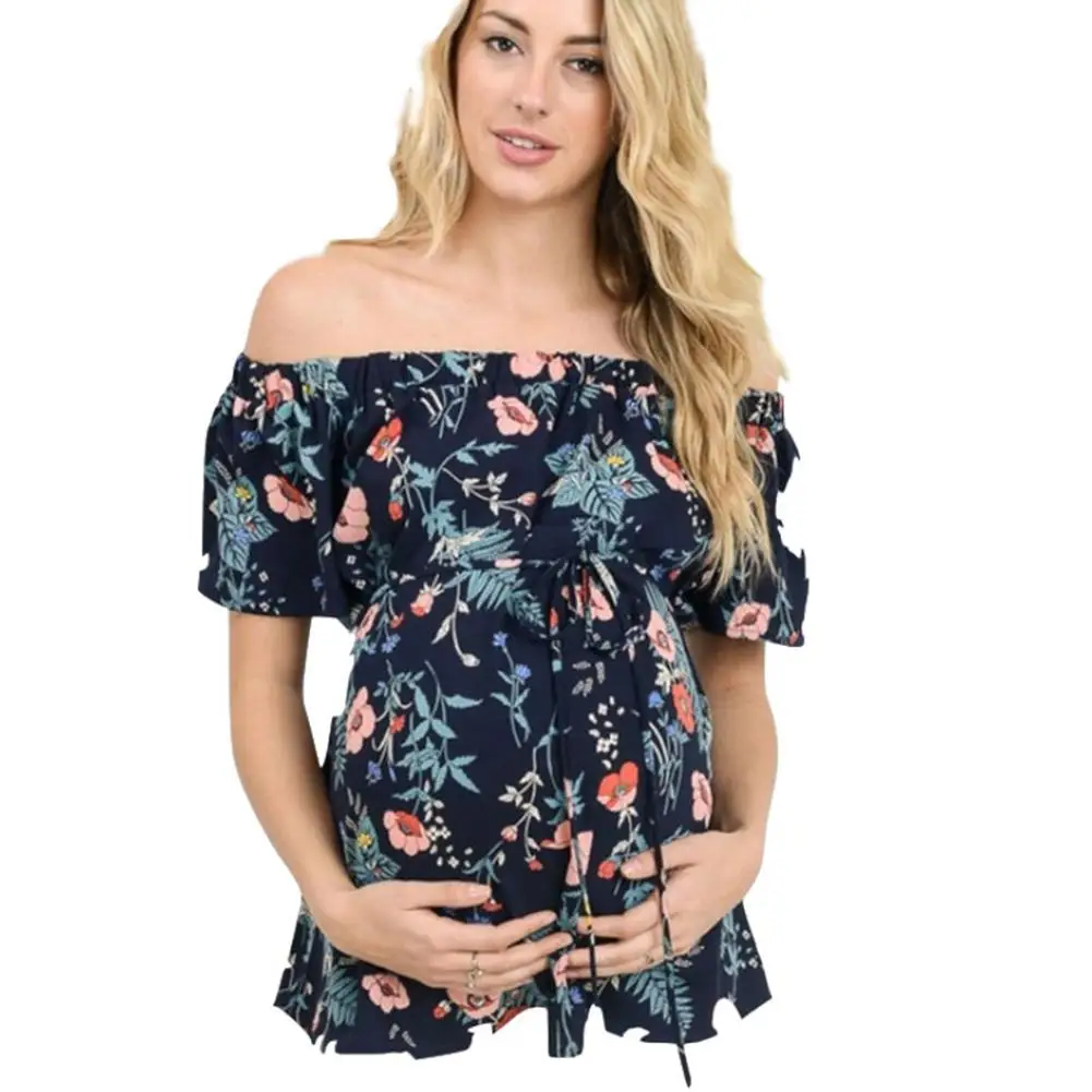

Yfashion Maternity Clothes Loose Chiffon Boat Neck Collar Short Sleeve Printing Pregnant Woman Tops