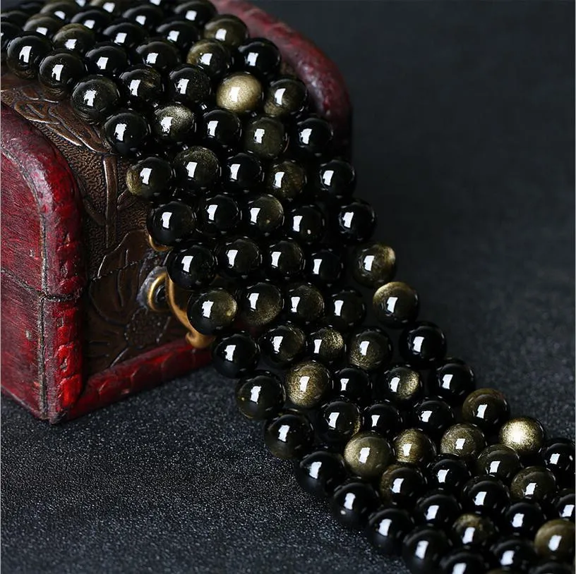 

free shipping 1strand Gold Obsidian Stone Beads Natural Stone Beads Loose Bead 4-18mm for Charm Bracelet DIY Jewelry Making Z335