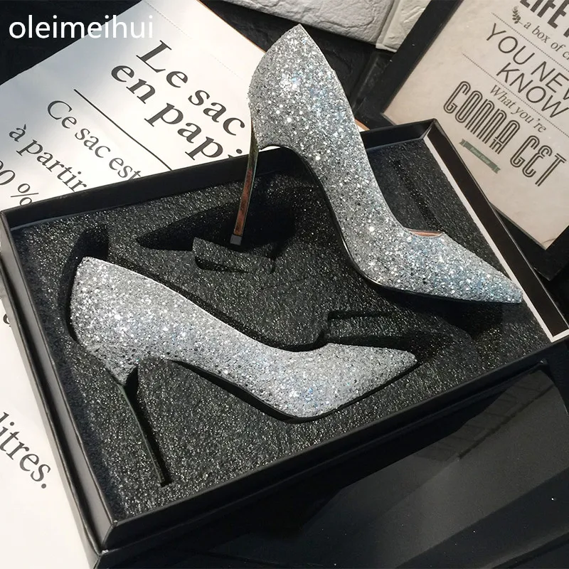 bride High heels Bride shoes woman 7cm/9cm heel Fish toe Pumps pointed rhinestone single crystal wedding shoes fast shipment