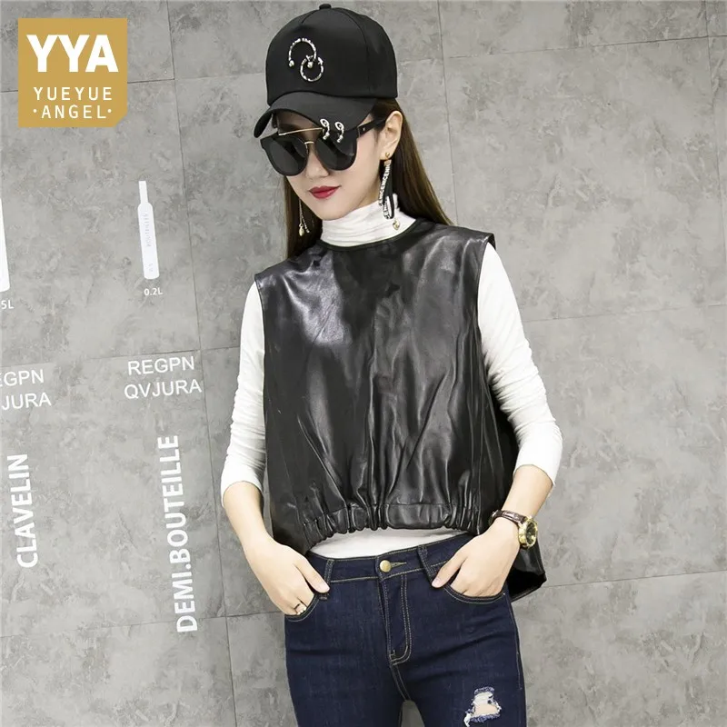 

Spring 2019 New Sheepskin Real Leather Vest Loose Waist Pullover Sleeves Solid Black Jackets Genuine Leather Fashion Short Coats