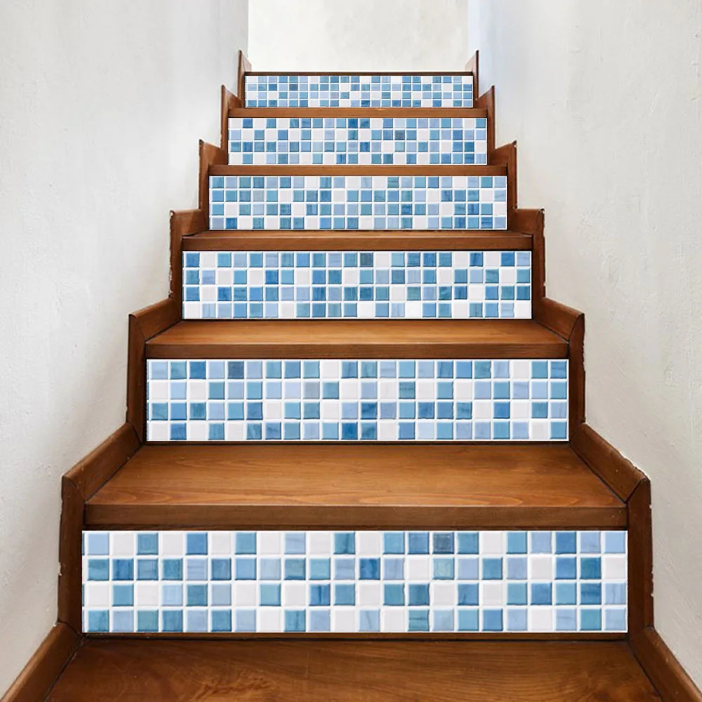 6 unids/set 18 cm x 100 cm azul y blanco mosaico retro escaleras decoración 3D arte pegatinas de pared decoración para el hogar mural lt026