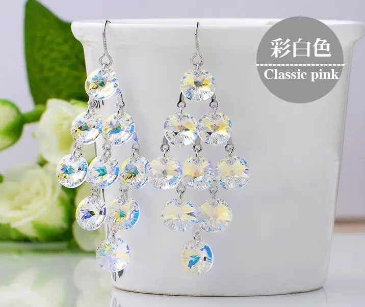 Fashion S925 Tremella Hook charm big earrings with multicolor stones long crystal rhombus tassel jewelry dangle earrings Brincos - Окраска металла: P14