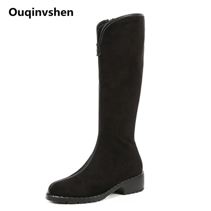 

Ouqinvshen Sewing Zipper Casual Flat Boots For Women Black Fashion Flock Square Heels Women Boots Winter Round Toe Long Boots