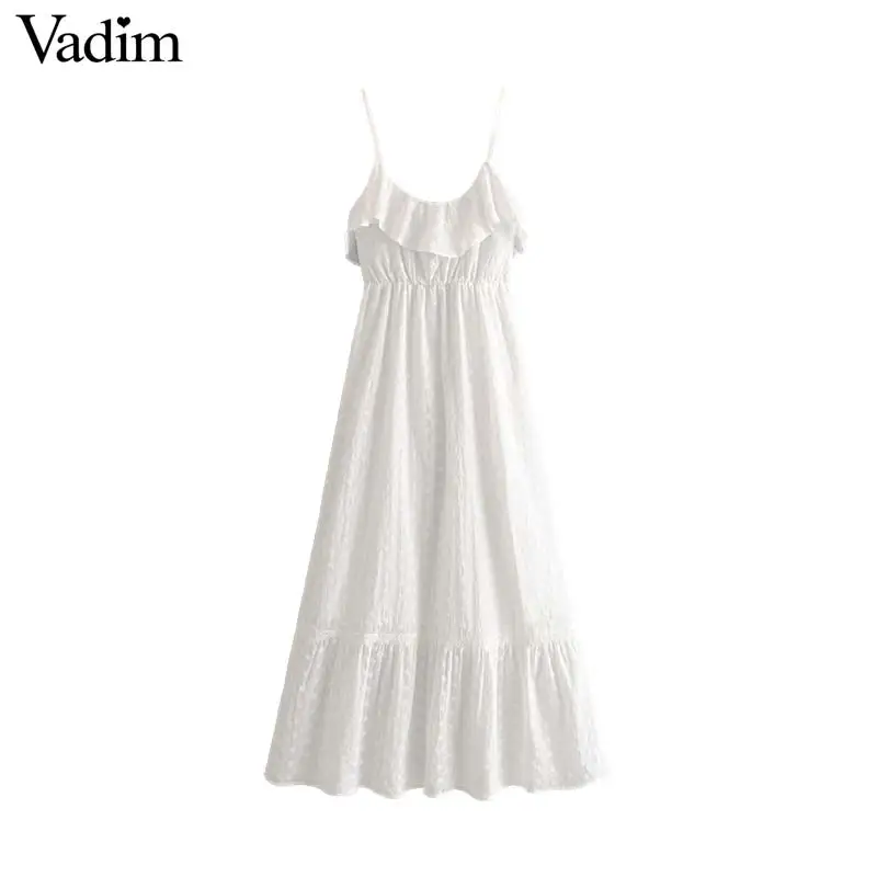 

Vadim women elegant white embroidery midi dress sleeveless adjustable straps ruffles elastic waist female mid calf dresses QC455