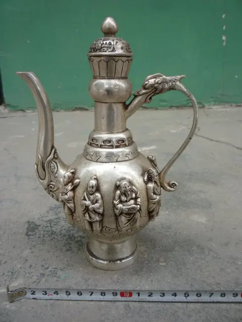 

rare old Qing Dynasty silver Flagon/Teapot,with carving and mark,Decoration,Free shipping,