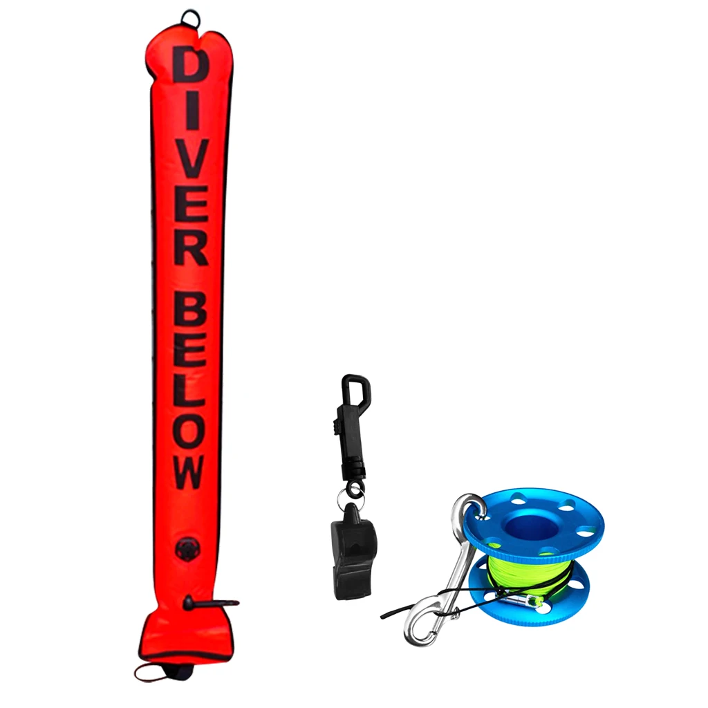 Scuba Diving 4FT Visibility SMB Surface Marker Buoy Diver Below Safety Signal Tube + Finger Spool Reel Line + Survival Whistle