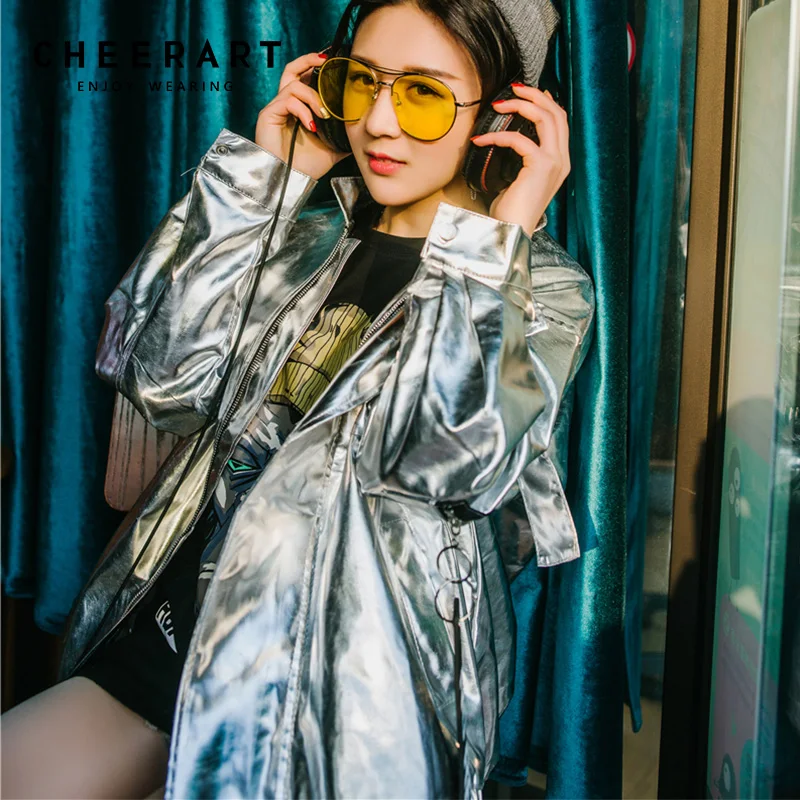 Cheerart Hip Hop Oversized Silver Jacket Women Pu Leather Glitter Loose Coat Streetwear Clothing Big Size Jackets Rock Punk Coat