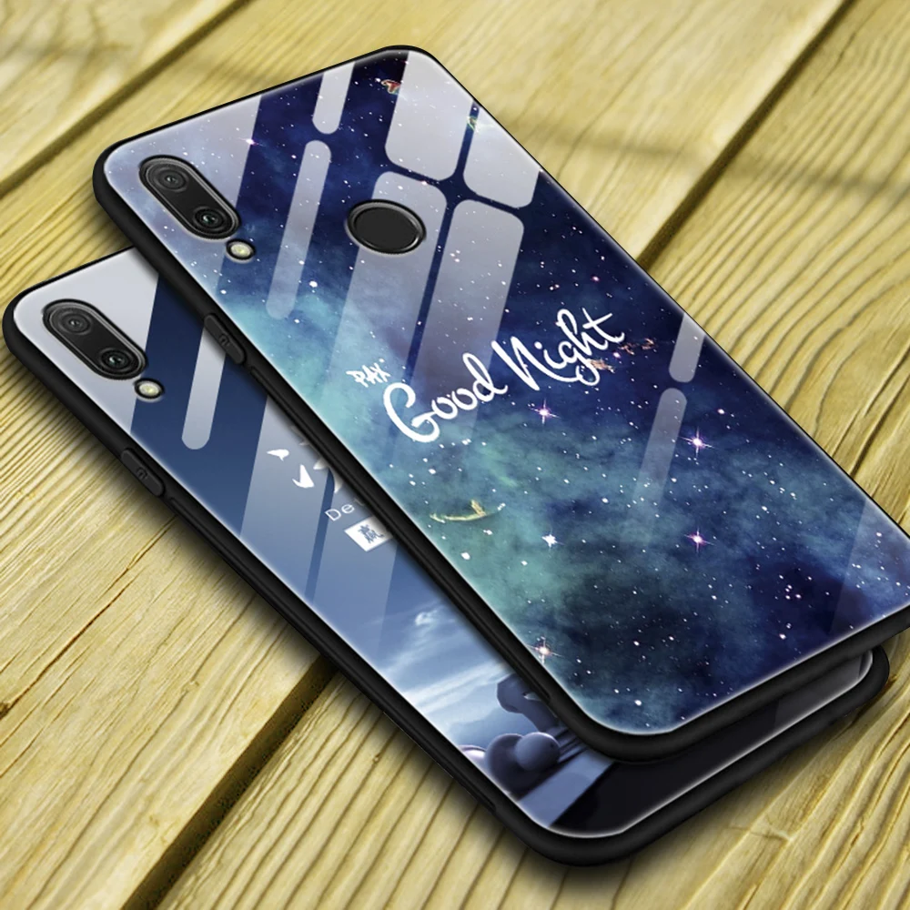 

For Redmi Note 7 Case On Xiao Redmi Note 7 Tempered Glass Cover Text Starry Sky Print Hard Back Case Redmi Note 7 Bumper 6.3''