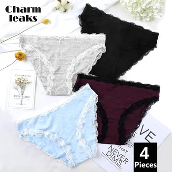 

Charmlwaks Women's Underwear Cotton Soft Panties Hipster Briefs 4 Packs Solid Cueca Calcinha Tanga Thong Lace Edge Bow tie Sale