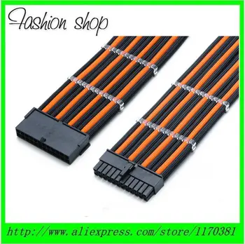 

12" Single Sleeved Black & Orange 24 Pin ATX PSU Female to Male PC Power Extension Cable + 2PCS Clear Cable Comb