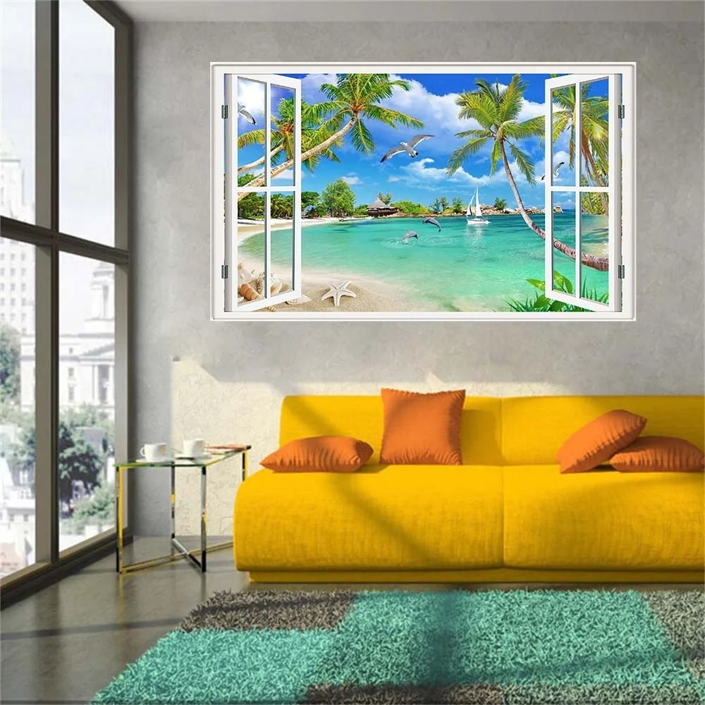

3D Windows Decal Wall Sticker Home Decor Ultra HD Aegean Sea Mediterranean Palm Art Wallpaper Mural Gift Home Decal Gift