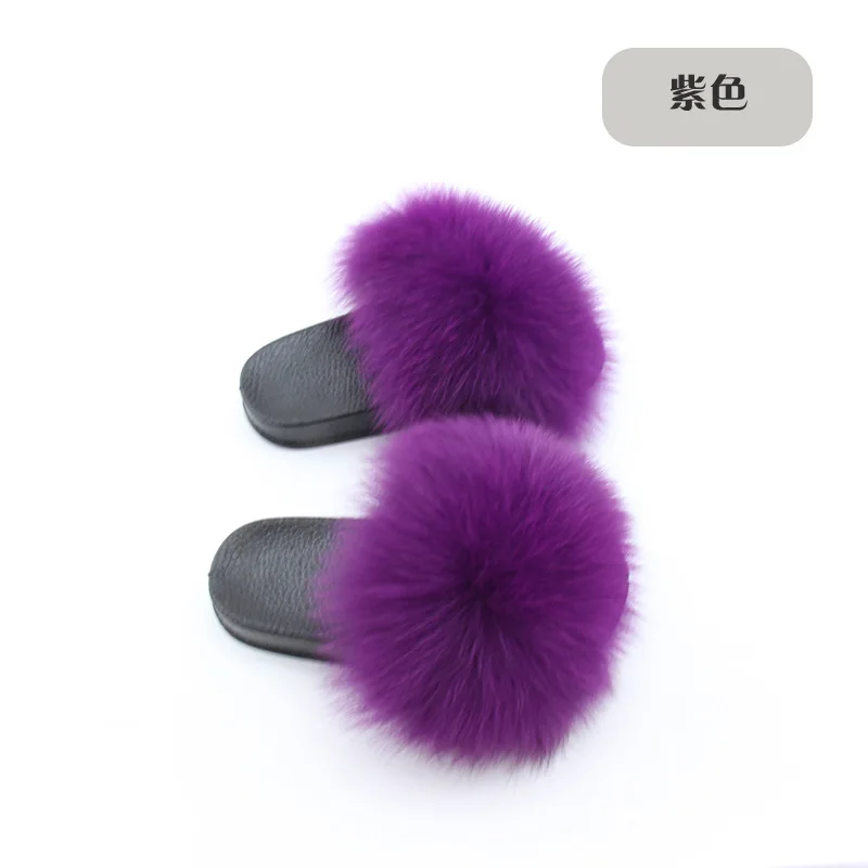 Wholesale Real Fox Slippers Kids Rainbow Neon Color Toldder Fur Child Home Slides Girls Raccoon Super Fluffy Cute Flat Summer