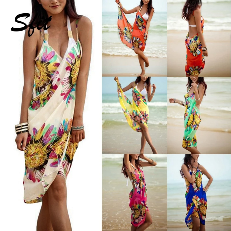 

Sift Summer Women Cover-Up Beachwear Bikini Shawl Sunscreen Chiffon Beach Shawl Large Size Floral Print Spaghetti Beach Tunic